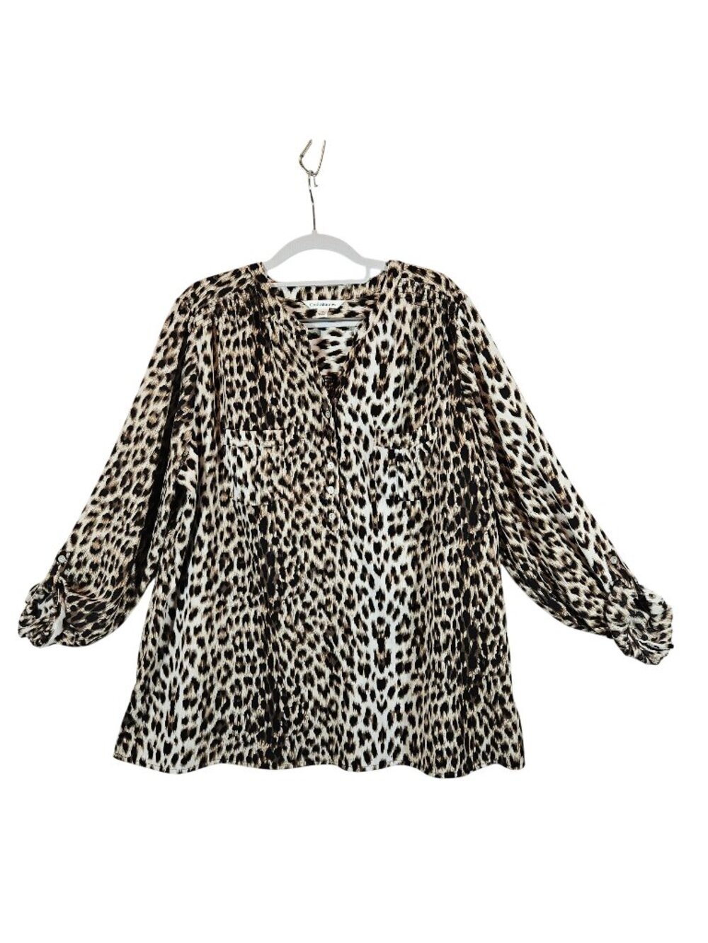 Croft & Barrow Womens XL Leopard Print Tunic Blouse Tab sleeves career office